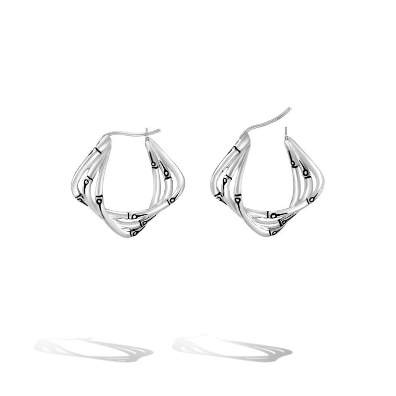 John Hardy Sterling Silver 3 Row Twisted Bamboo Hoop Earrings Each Measuring 13Mm Wide.