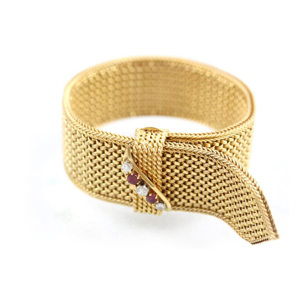 Vintage 18 Karat Yellow Gold and Ruby Mesh Bracelet