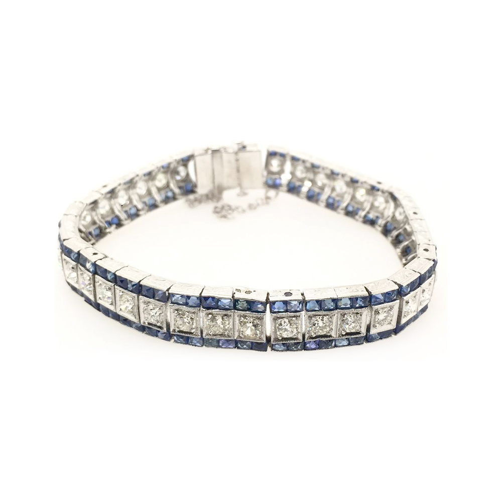 Vintage Platinum Diamond and Sapphire Link Bracelet