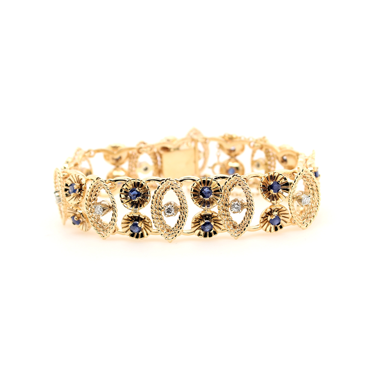 Vintage 14 Karat Yellow Gold Diamond and Blue Sapphire Link Bracelet