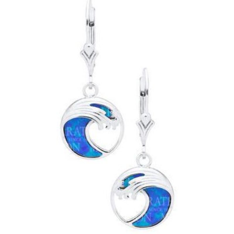 Sterling Silver Round Wave Opal Inlay Dangle Earrings