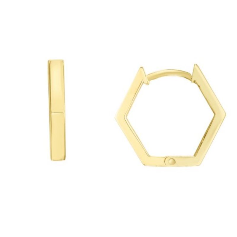 14 Karat Yellow Gold Hexagon Huggie Hoop Earrings