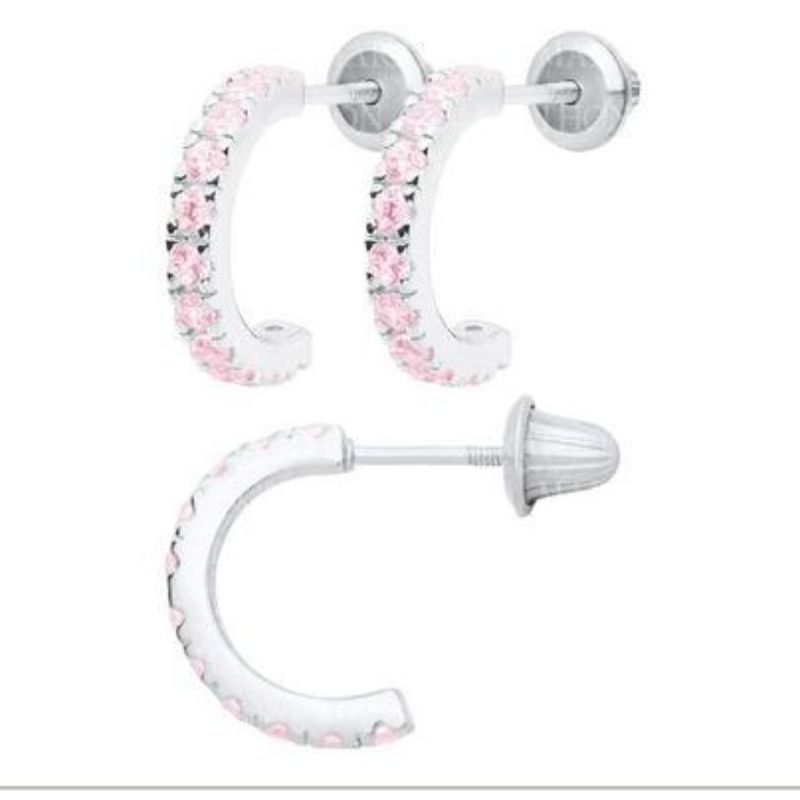 Sterling Silver Pink Cz 3/4 Hoop Earrings