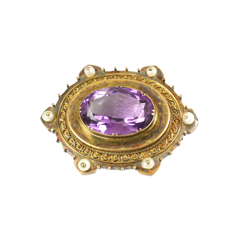 Gorgeous Victorian Styled 10 Karat Yellow Gold Pearl And Amethyst Pin.