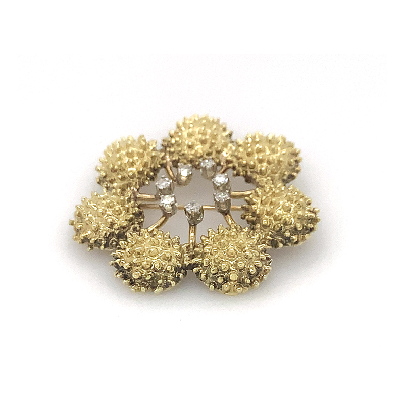 Vintage 14 Karat Yellow Gold Flower Diamond Pearl Pin
