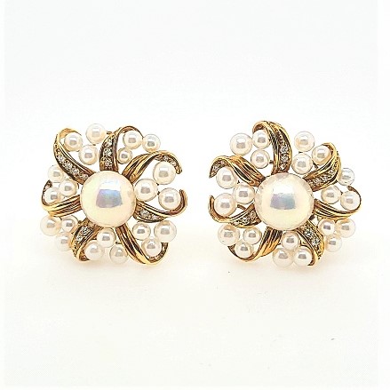 MIKIMOTO AAA AKOYA PEARL 4-6MM WHITE 14K YELLOW GOLD FLOWER BROOCH PIN &  EARRINGS SET