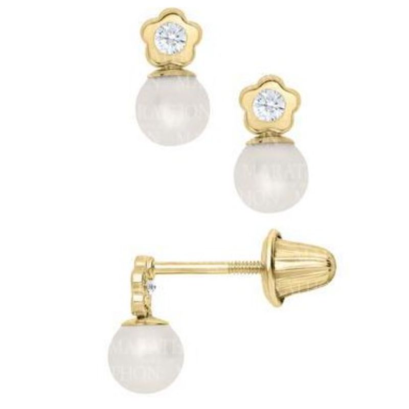 14 Karat Yellow Gold Flower With Cz And Pearl Drop Earrings