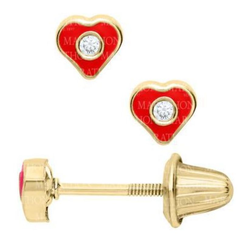 14 Karat Yellow Gold Red Enamel Heart Earrings