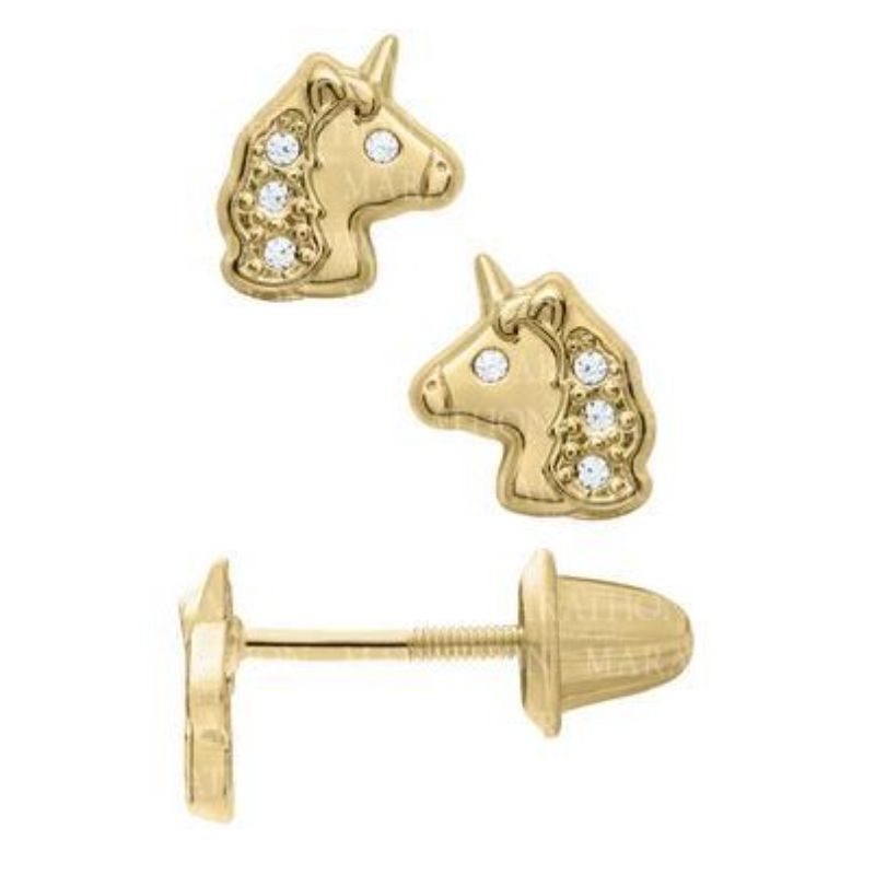 14 Karat Yellow Gold Unicorn With 3 Cz  Earrings