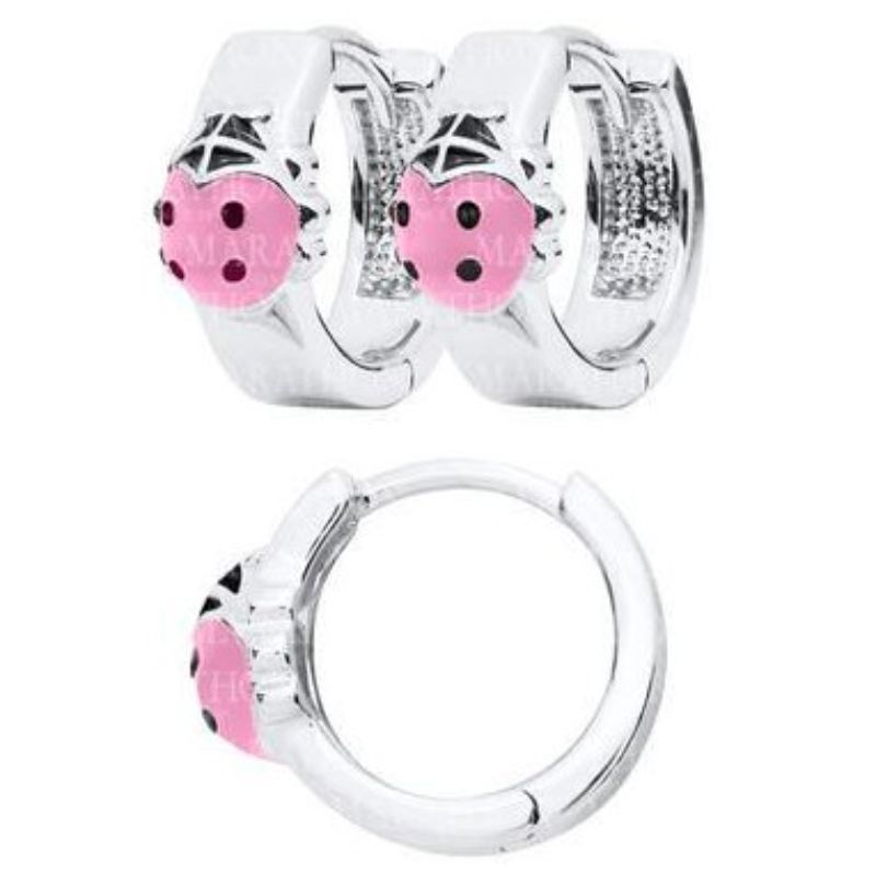 Sterling Silver Huggie Earrings With Pink Cz Ladybug