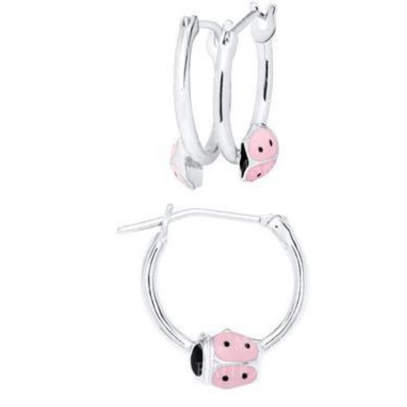 Sterling Silver Hoop Earrings With Light Pink Enamel Ladybug