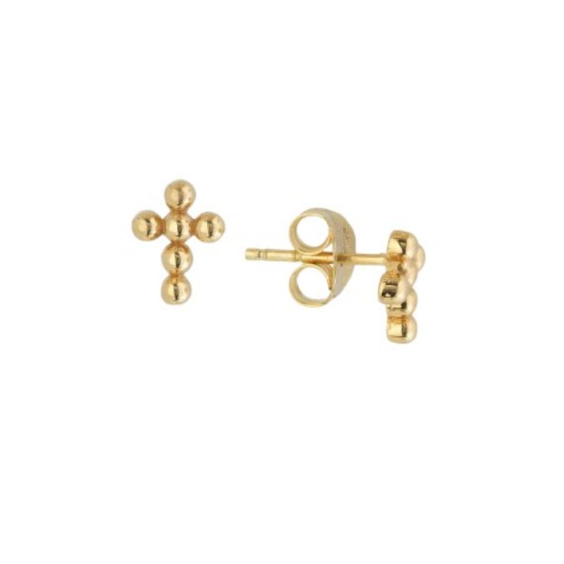 14 Karat Yellow Gold Bead Cross Stud Earrings With Post And Friction Backs