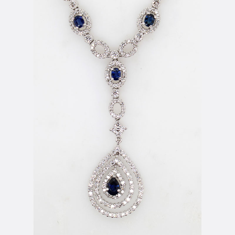 14 Karat White Gold Blue Sapphire And Diamond Double Strand Necklace