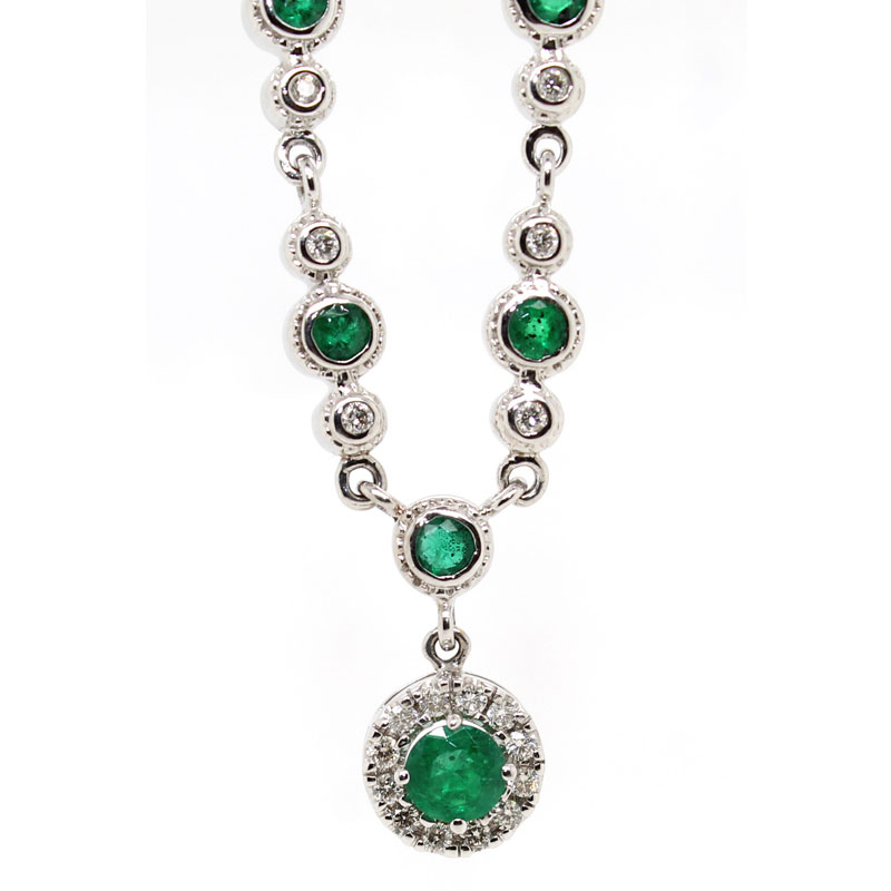 14 Karat White Gold Emerald And Diamond Necklace 18 Inches Long