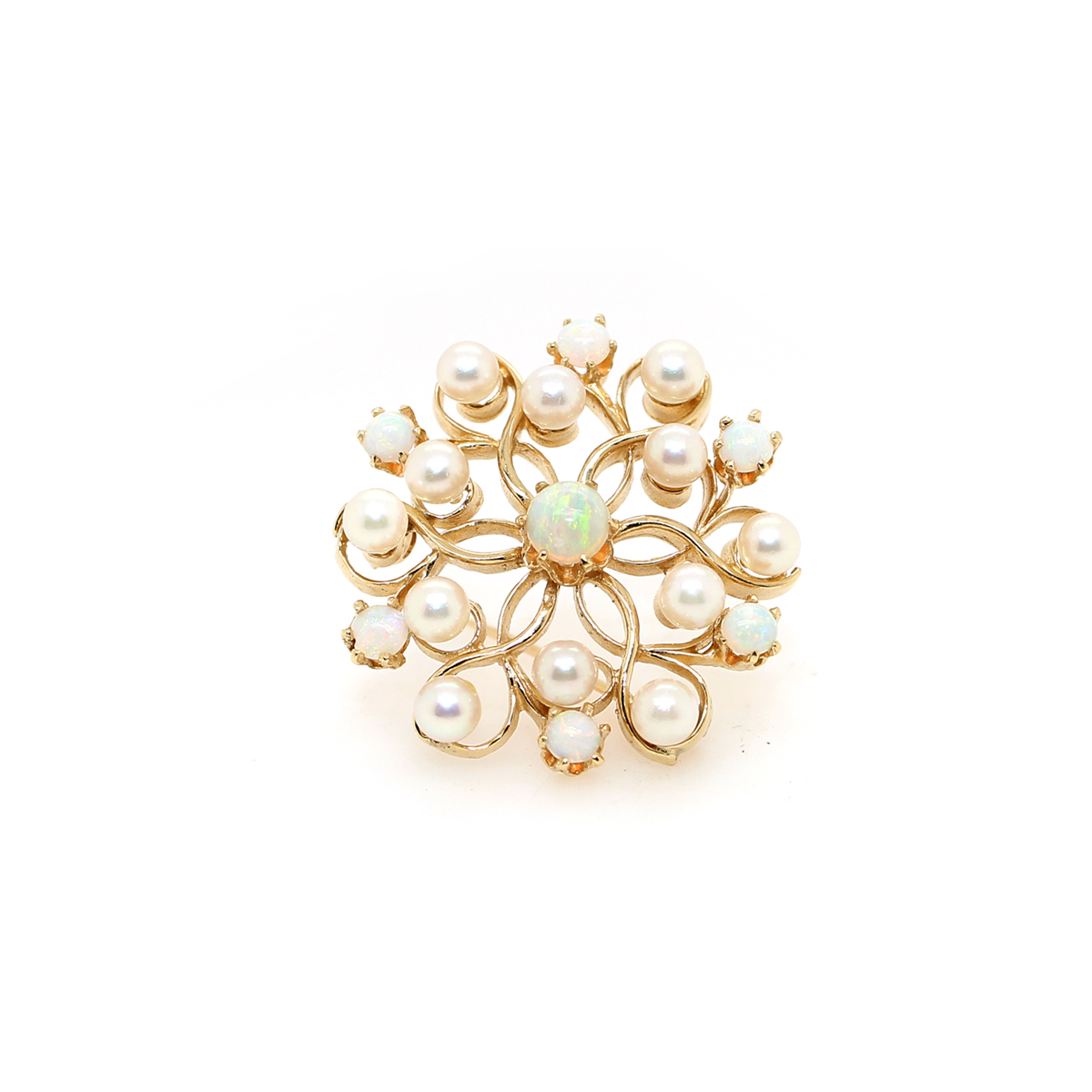 Vintage 14 Karat Yellow Gold Opal and Pearl Brooch