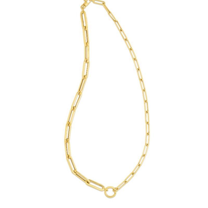 14 Karat Gold Mixed Gauge Elongated Paperclip Link Necklace With Circle ...