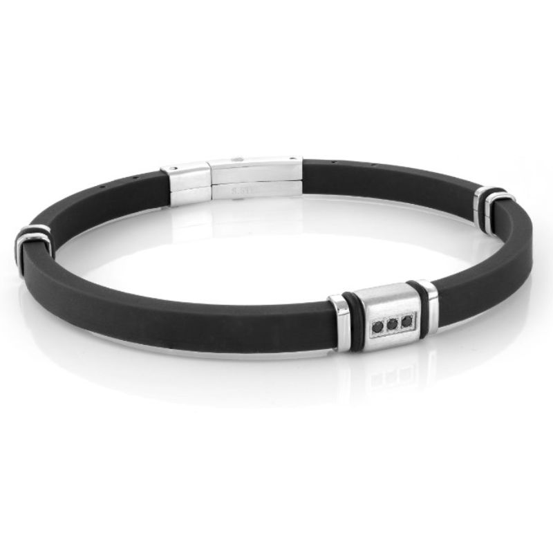 Italgem Stainless Steel Black Cz Black Silicone Adjustable Bracelet