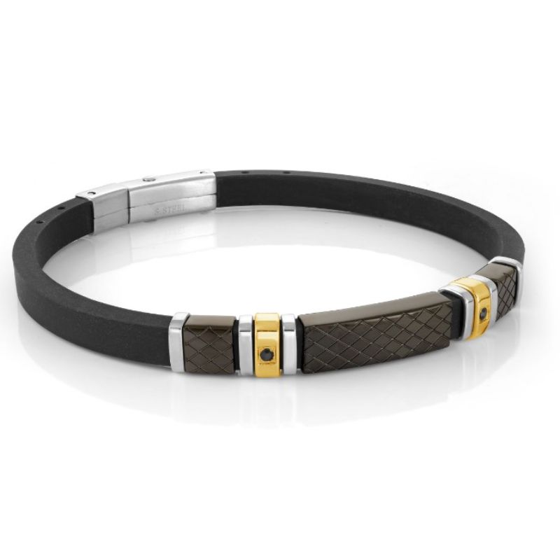 Italgem Stainless Steel Black Gold With Black Cz And Black Silicone Adjustable Bracelet
