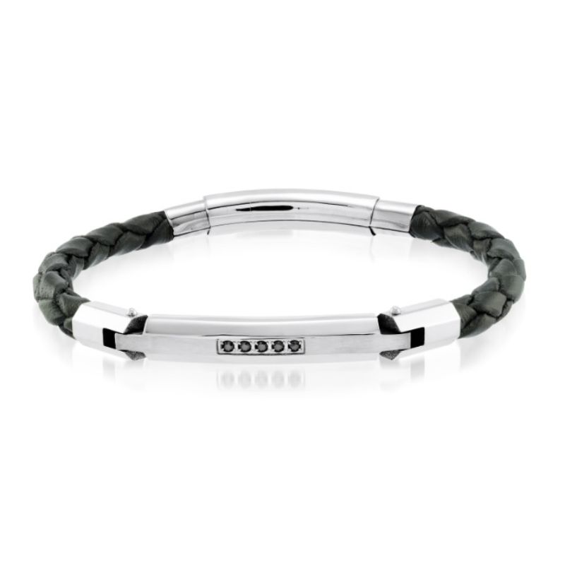 Stainless Steel Black Cz  Black Leather Adjustable Bracelet
