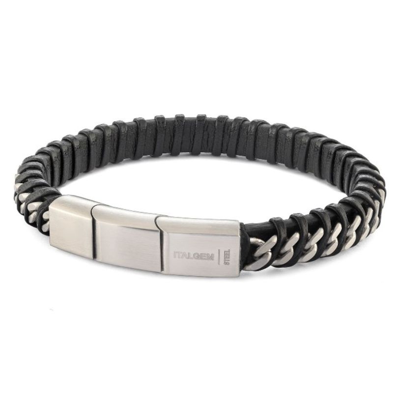 Stainless Steel Curb Link Black Leather Twisted Design 8.5