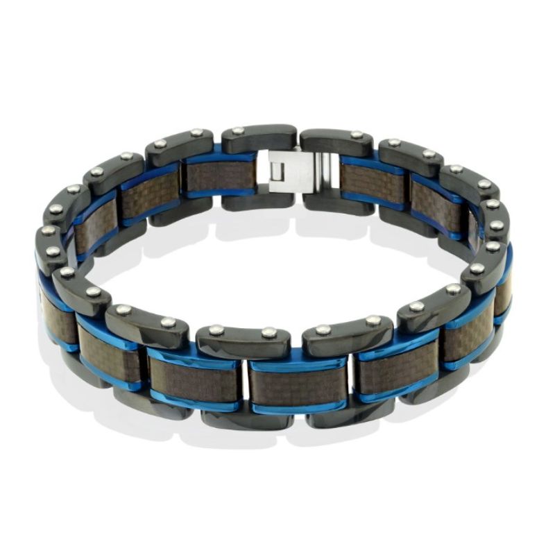 Italgem Black - Blue Stainless Steel Polished Brushed Carbon Fiber 8 To 8.5" Bracelet