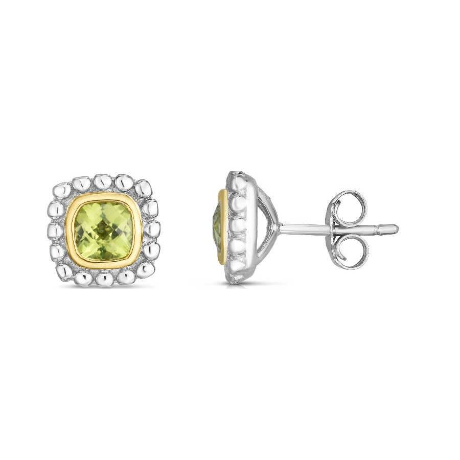 Royal Chain 18 Karat Yellow Gold and Sterling Silver Square Peridot Stud Earrings