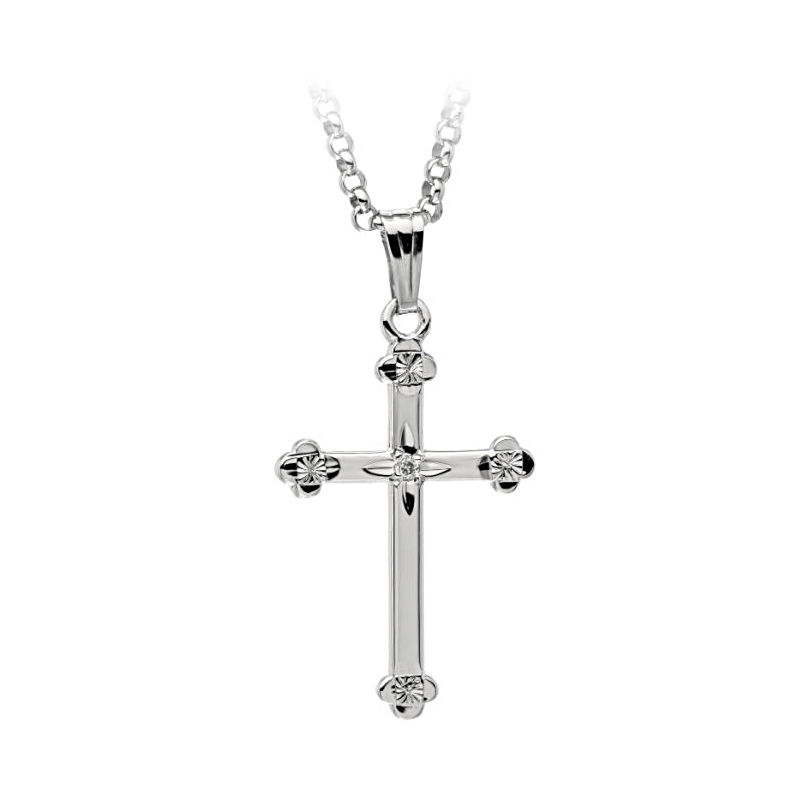Sterling Silver Engraved Diamond Cross Necklace