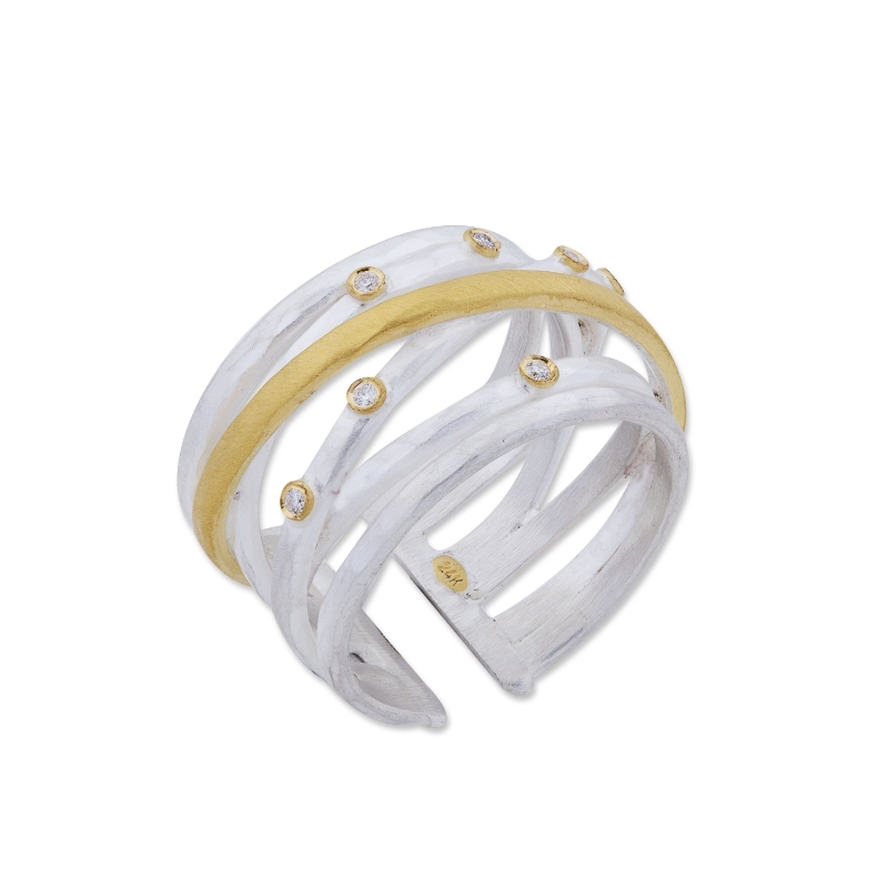 Lika Behar 24K Gold And Sterling Silver Stockholm Crosswire Open Back 13mm Wide Ring