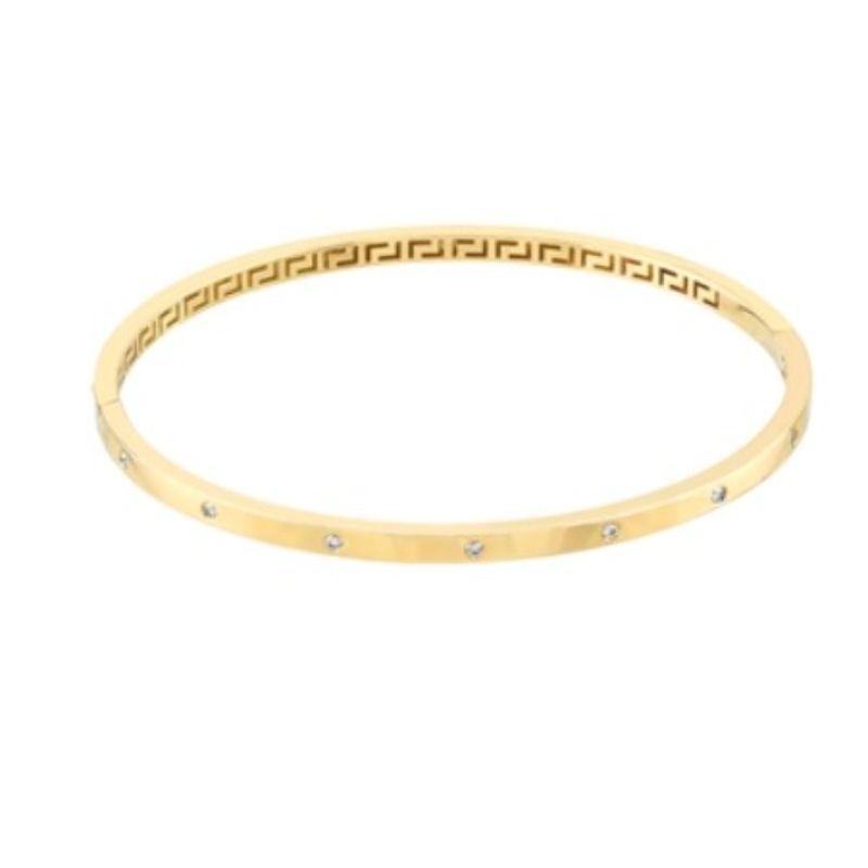 14 Karat Yellow Gold 1/6Ct Diamond Square Tube Bangle Greek Key Interior