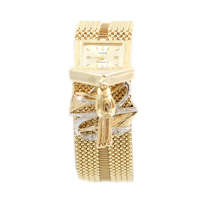 Estate Geneve 14 Karat Yellow Gold Diamond Mesh Watch Bracelet