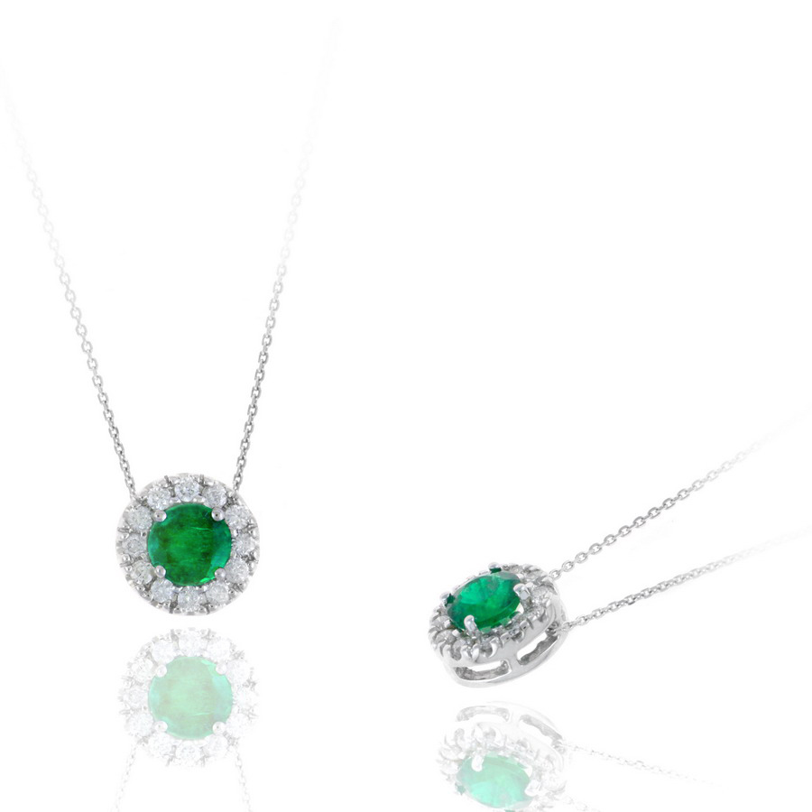 14 Karat White Gold Diamond And Emerald Pendant Necklace